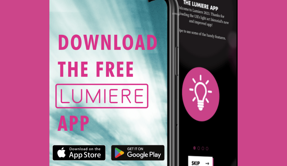 Phone showing Lumiere App with Apple and Google Play App Store logos